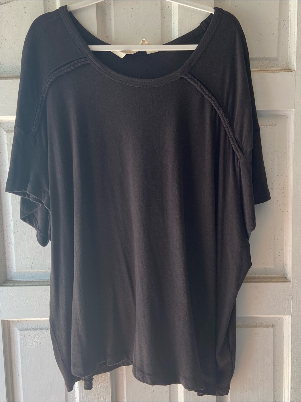 Boheme Washed Black Crewneck Braided Tee Shirt By Peace Love World QVC Size 2X